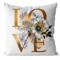 Detail of white pillowcase showing golden LOVE text and floral ginkgo leaf printing - LOVE Botanical Pattern (DRD462-2) / 45x45cm (No Insert)