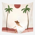 Bohemian tapestry featuring a woman walking between palm trees in earthy Morandi tones - Woman in Palms Pattern (GT39-12)