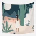 Minimalist Morandi tapestry featuring a desert night scene with a girl and cacti - Girl in Desert Night Pattern (GT39-13)