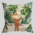 Dettagliata illustrazione ad acquerello di una donna con cappello e foglie di palma - 45*45cm (Inserto non incluso) / Donna con Cappello di Paglia a Bordo Piscina (DRD470-4)