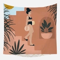 Bohemian tapestry featuring a woman walking on stairs with tropical palm leaves - Woman Walking on Stairs Pattern (GT39-14)