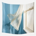 Tapiz de pared con diseño de ventana falsa, cielo azul y cortinas blancas - 95x73cm Tela Cepillada / Cortinas De Ventana Estilo Cielo (GT42-1)