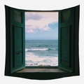 Tapiz de pared con vista al mar y persianas azules para decoración de dormitorios casa - 95x73cm Tela Cepillada / Ventana Verde Vista Al Mar Estilo (GT42-2)