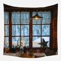 Tapiz nórdico con vista de ventana de nieve invernal e iluminación cálida para pared - 95x73cm Tela Cepillada / Ventana De Nieve De Invierno Estilo (GT42-3)