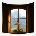 Fake window tapestry featuring snowy mountains scenery and pink flowers wall hanging - Snow Mountain Warm Lamp Window Style (GT42-5)