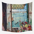 Venice canal scene wall tapestry with colorful flowers and yellow striped awnings - Venice Oil Painting Sea Style (GT42-6)