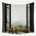 Fake window tapestry featuring a cat looking at mountains for home wall decor - Cat On Window Sill Gaze Style (GT42-7)