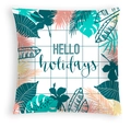 Detailed view of square peach skin pillowcase with tropical palm leaves and grid pattern - Hello Holidays Pattern (DRD467-6)