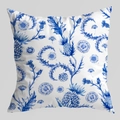 Detailed view of blue and white watercolor thistle pattern on soft velvet cushion cover - 45*45cm (Insert Not Included) / Watercolor Thistle Botanical (CRD124-10)