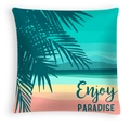 Macro view of tropical palm leaf print pillowcase with Enjoy Paradise slogan and vibrant stripes - Enjoy Paradise Pattern 1 (DRD467-10)