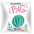 Detail view of square white pillowcase featuring cactus illustration and Dream Big text - 45x45cm / Dream Big Cactus Succulent (DRD468-18)