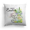Paas kussensloop met konijn, bloemen en Happy Easter tekst op wit materiaal - HAPPY EASTER Grijs Konijn (DRD328-8)