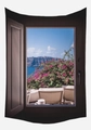 Mediterranean window view tapestry with blue sea and pink bougainvillea floral decor - Mediterranean Blue Window Sea Style (GT42-9)