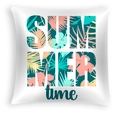 Detail of Summer Time text print with tropical leaves on white square pillowcase - Summer Time Letter Pattern (DRD467-13)