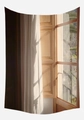 Fake window tapestry featuring a scenic landscape with white curtains for wall decor - Sunlight Wood Window Style (GT42-10)