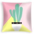 Detail showing cactus illustration print on square pillowcase with yellow and pink pattern - 45x45cm / Diagonal Cut Cactus (DRD468-14)