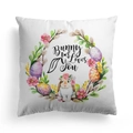 Paashaas kussensloop met aquarel bloemenkrans en BUNNY Loves You tekst print - BUNNY Loves You Krans (DRD328-10)