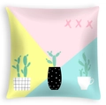Detail of square pillowcase featuring cactus print and geometric colorful backdrop - 45x45cm / Geometric Splicing Cactus Illustration (DRD468-13)