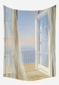 Fake window ocean view tapestry featuring white curtains and blue sea for home wall decor - Wood Balcony Sea View Style (GT42-13)