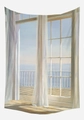 Fake window tapestry featuring a serene ocean view with soft white balcony curtains - White Curtains Sunset Sea Style (GT42-14)