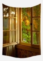 Fake window tapestry featuring a vintage sunlit forest view for home wall decor - Retro Multi Grid Wood Window Forest Style (GT42-16)