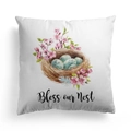 Pasen kussensloop met aquarel vogelnest en roze kersenbloesems op witte stof - Bless our Nest Nest Sakura (DRD328-21)