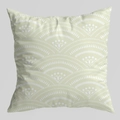 Detail of light green pillow cover featuring white geometric fan patterns and textured fabric - Light Yellow-Green Fan Geometric (DRD404-8)