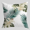 Close-up of tropical lily and green palm leaf patterns on a white decorative pillow cover - Tropical Floral Palm Leaf (DRD404-7)