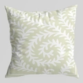 Detail of green cushion cover featuring a white spiral leaf pattern and fine line border - Light Green Spiral Leaves (DRD404-5)