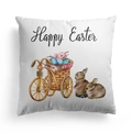 Paas kussensloop van perzikhuid stof met konijnen bloemen en feestelijke driewieler - Happy Easter Konijn Driewieler (DRD328-23)