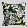 Federa per cuscino smeraldo con eleganti gigli bianchi e colibrì stampati - Colibrì e Giglio Verde Scuro (DRD402-2)