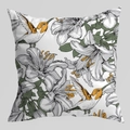 Detailed pattern showing hummingbirds and white lilies on a square peach skin pillowcase - Light Gray Hummingbird Lily (DRD402-7)