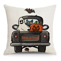 Halloween Kissenbezug mit Kürbis- und Geist-Druck aus cremefarbenem Leinen mit Trick or Treat - 45x45 cm / Oldtimer Truck Kürbis Stil (YMD318-1)