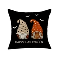 Square Halloween pillow cover with gnome prints and Happy Halloween text on black linen - Black Gnomes Style (YMD138-4)