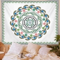 Tapiz de pared bohemio con mandala de flores, hojas verdes y pétalos rosas para decoración - Patrón Hoja Verde (GT46-4) / 95x73cm (Tela Cepillada)