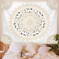Bohemian mandala wall tapestry with golden patterns and white roses in a cozy bedroom - Gold Mandala (GT46-5)