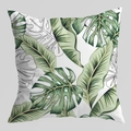 Square decorative pillow cover featuring green tropical leaves on light grey backdrop - Tropical Broadleaf Plant (DRD404-9)