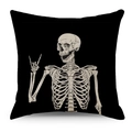Halloween kussensloop van zwart linnen met witte schedel en rock-handgebaar grafisch - 45x45 cm / Rockstijl (YMD77-2)