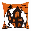 Detail of Halloween pillowcase with witch silhouette, bats, and orange moon on white fabric - 18x18 Inch / Orange Moon Witch Castle Silhouette (DRD271-21)