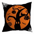 Detail of Halloween pillowcase featuring orange moon, black cat, and bats on fabric - 18x18 Inch / Orange Moon Dead Tree Black Cat Pattern (DRD271-6)