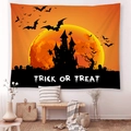 Detailed Halloween tapestry showing orange moon, castle and trick or treat wall decor - Brushed Fabric / Orange Black Castle Bat Style (GT47-12) / 95x73