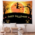 Detailed view of Halloween wall tapestry with witch, pumpkins and Happy Halloween text - Brushed Fabric / Orange Moon Black Cat Style (GT47-9) / 95x73