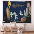 Detail of Happy Halloween tapestry featuring cartoon ghosts and pumpkins on white wall - Brushed Fabric / Dark Blue Mummy Ghost Style (GT47-7) / 95x73