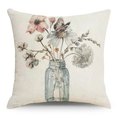 Funda de cojín de lino con jarrón de flores en acuarela y estampado de mariposa para sofá - 45x45 cm / Estilo de Botella de Vidrio Azul con Flores y Mariposas (YMD78-3)