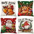 Set di 4 federe natalizie in lino con renne, Babbo Natale e motivi festivi dorati - 45*45cm (Inserto non incluso) / Illustrazione Natalizia Beige Chiaro (YMD95-1)