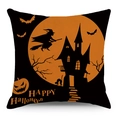 Halloween pillowcase featuring a witch flying over a castle with a pumpkin and full moon - 45cmx45cm / Black Flying Witch Pattern (YMD98-3)