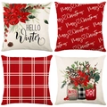 Dettaglio di quattro federe natalizie in lino con stampe Hello Winter e Joy - 45*45cm (Inserto non incluso) / Stella di Natale Rossa e Quadri (YMD95-23)