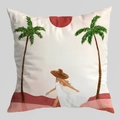 Federa per cuscino quadrata con figura artistica ad acquerello e paesaggio di palme - 45*45cm (Inserto non incluso) / Donna in Vacanza e Sole Rosso (DRD470-1)