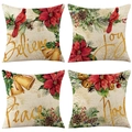 Set di quattro federe natalizie in lino con stampe floreali e scritte festive - 45*45cm (Inserto non incluso) / Uccello Rosso e Campane d'Oro (YMD95-3)