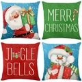 Set di 4 federe natalizie in lino con motivi di Babbo Natale, pupazzo di neve e scritte - 45*45cm (Inserto non incluso) / Illustrazione Festiva Rosso Verde Blu (YMD95-19)